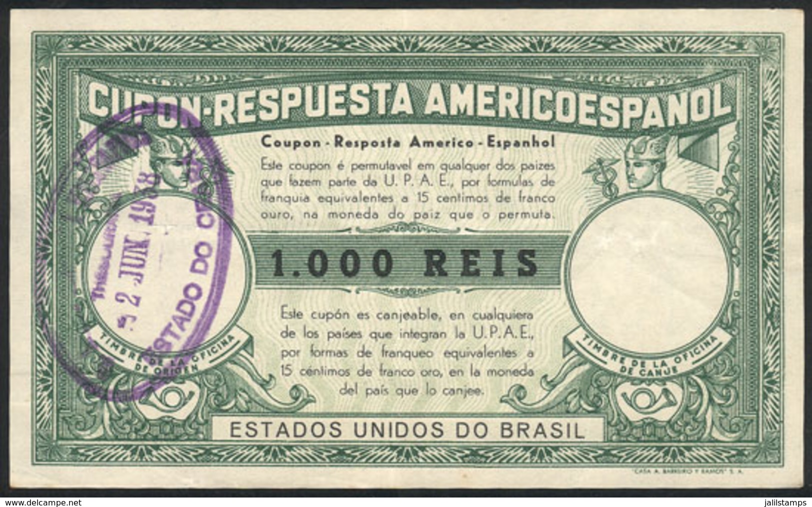 BRAZIL: 1000Rs. Americo-Español Reply Coupon Of The Year 1938, Very Rare! - Autres & Non Classés