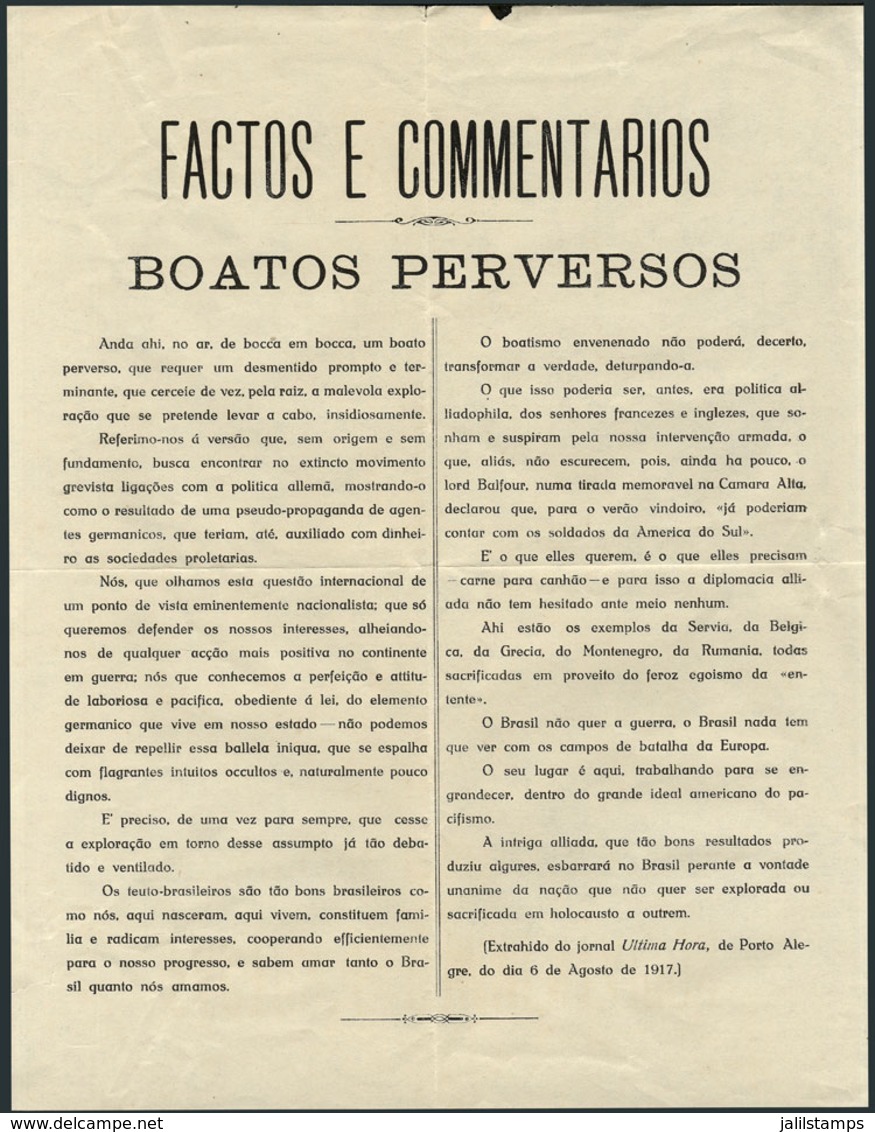 BRAZIL: Old Political Leaflet Reflecting The Anti-German Sentiment At The Time, Text Was Extracted From An Article Of 19 - Other & Unclassified