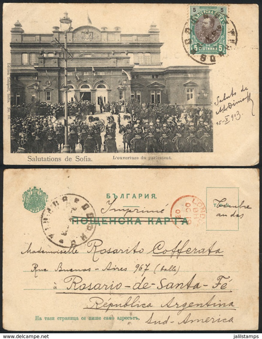 BULGARIA: Postcard (Sofia, Opening Of Parliament) Franked With 5c., Sent To Argentina On 15/OC/1903, VF Quality, Rare! - Other & Unclassified