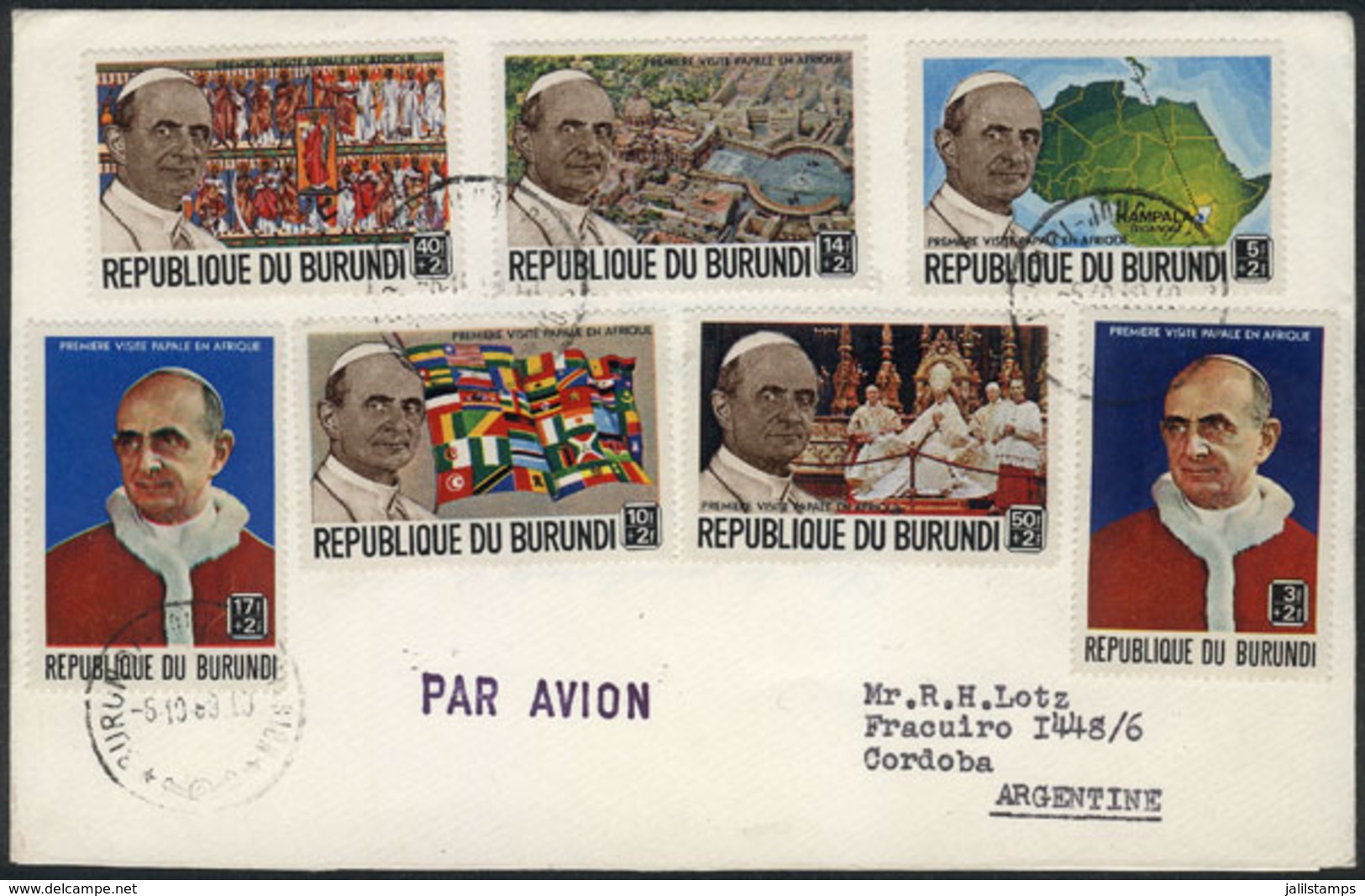 BURUNDI: Cover Franked With 7 Stamps Commemorating The Visit Of The POPE To Africa, Sent To Argentina On 6/OC/1969, VF! - Sonstige & Ohne Zuordnung