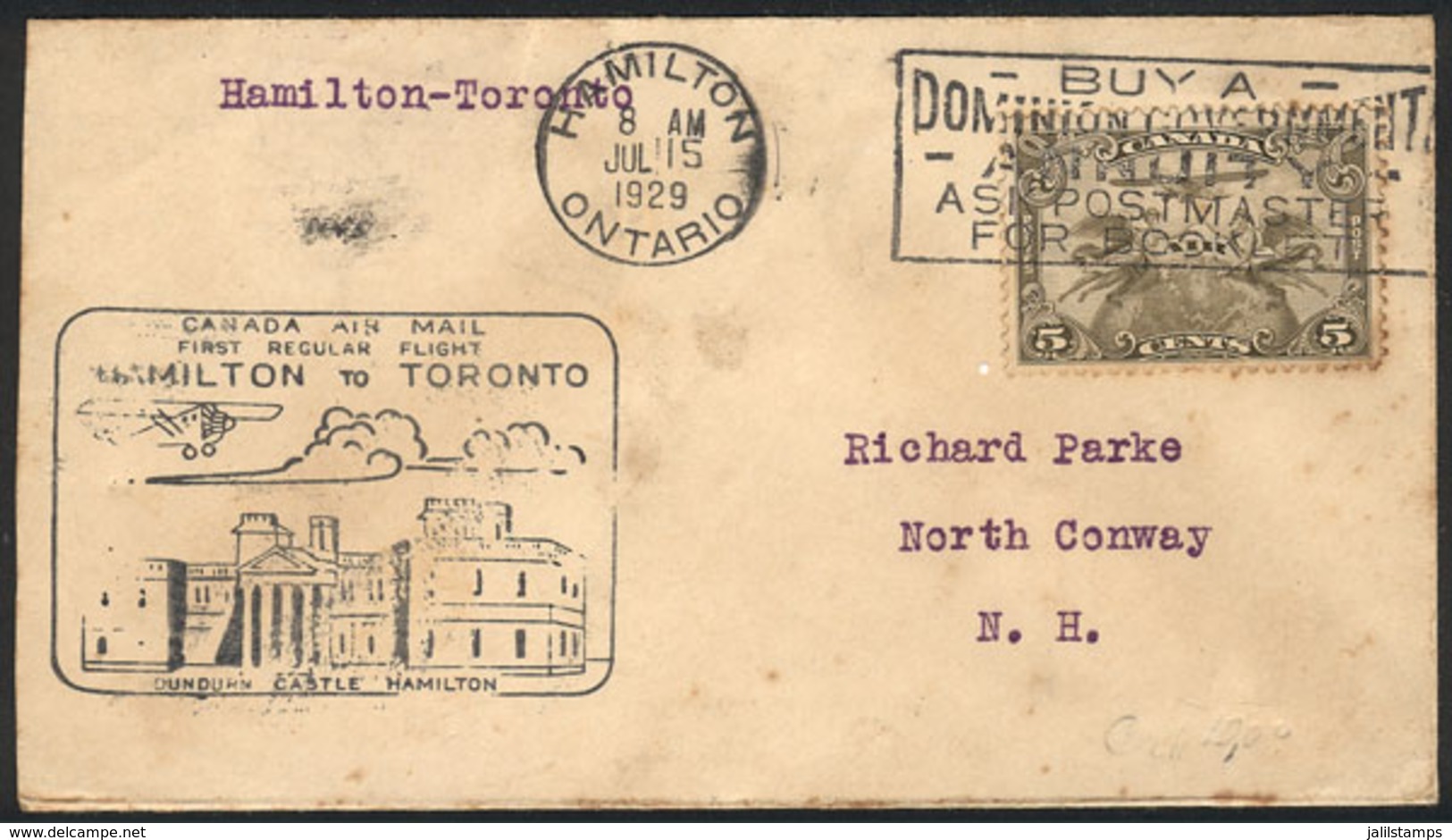 CANADA: 15/JUL/1929 First Flight Hamilton - Toronto, With Special Postmark And Arrival Backstamp! - Otros & Sin Clasificación