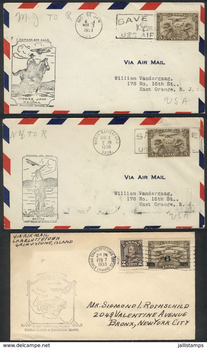 CANADA: 3 FIRST FLIGHT Covers Of The Years 1930 To 1933, With Special Markings And Arrival Backstamps (all Flown To USA) - Other & Unclassified