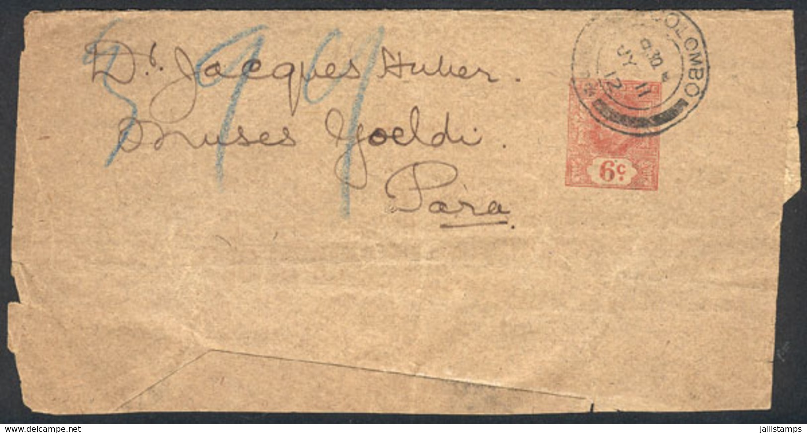 CEYLON: Large Part Of A 6c. Wrapper Sent From Colombo To Brazil On 11/JUL/1912, Rare Destination! - Ceilán (...-1947)