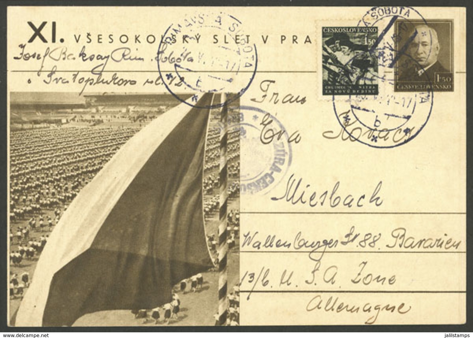 CZECHOSLOVAKIA: Illustrated Postal Card (topic Flags, Sport, Youth) Sent To Germany On 20/MAY/1948, Censored, VF Quality - Andere & Zonder Classificatie