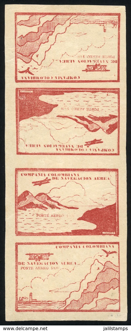 COLOMBIA: Yvert 11, 10c. Carminish Red (airplane And Mountains), Strip Of 4 Formed By Boths Types Printed In Tete-beche, - Kolumbien