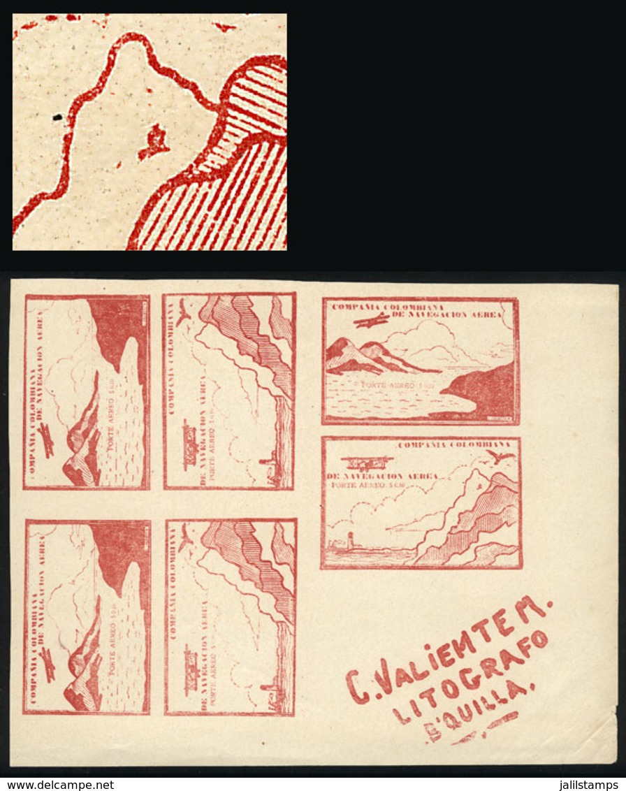 COLOMBIA: Yvert 11, 10c. Carminish Red (airplane And Mountains), Corner Block Of 6, With The 2 Different Cinderellas And - Kolumbien