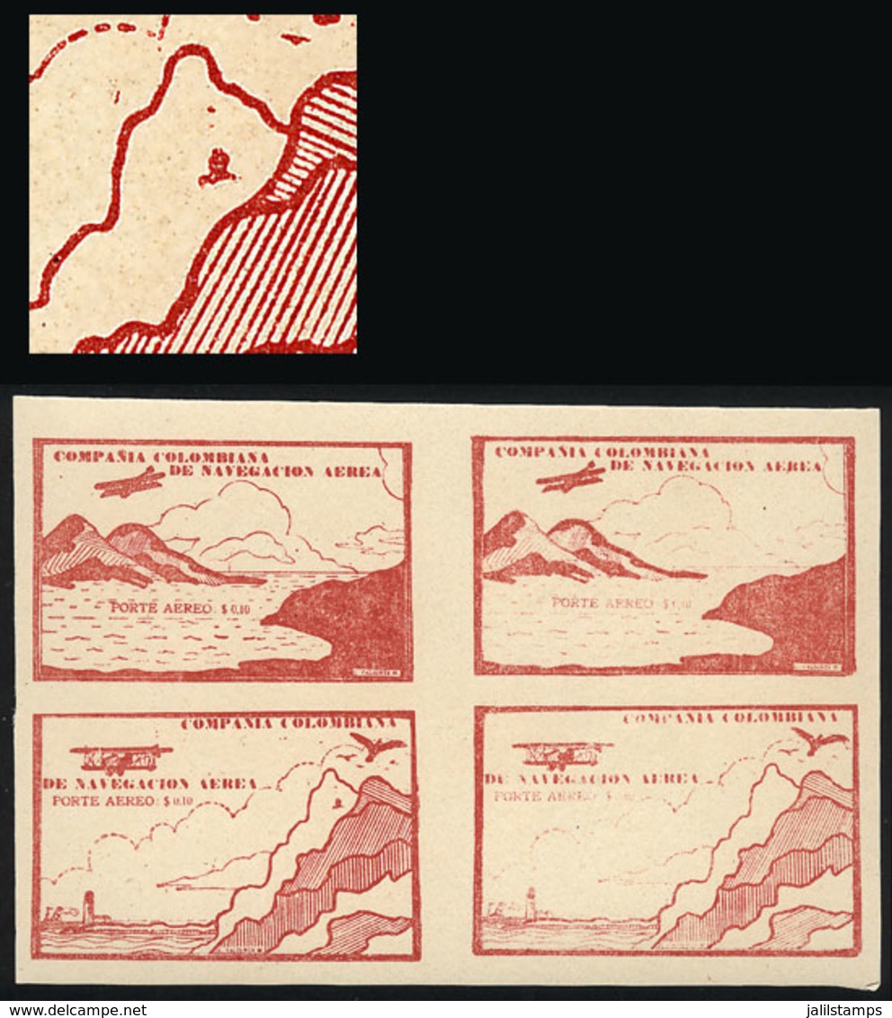 COLOMBIA: Yvert 11, 10c. Carminish Red (airplane And Mountains), Block Of 4 Of The 2 Different Cinderellas. The Lower Le - Colombia