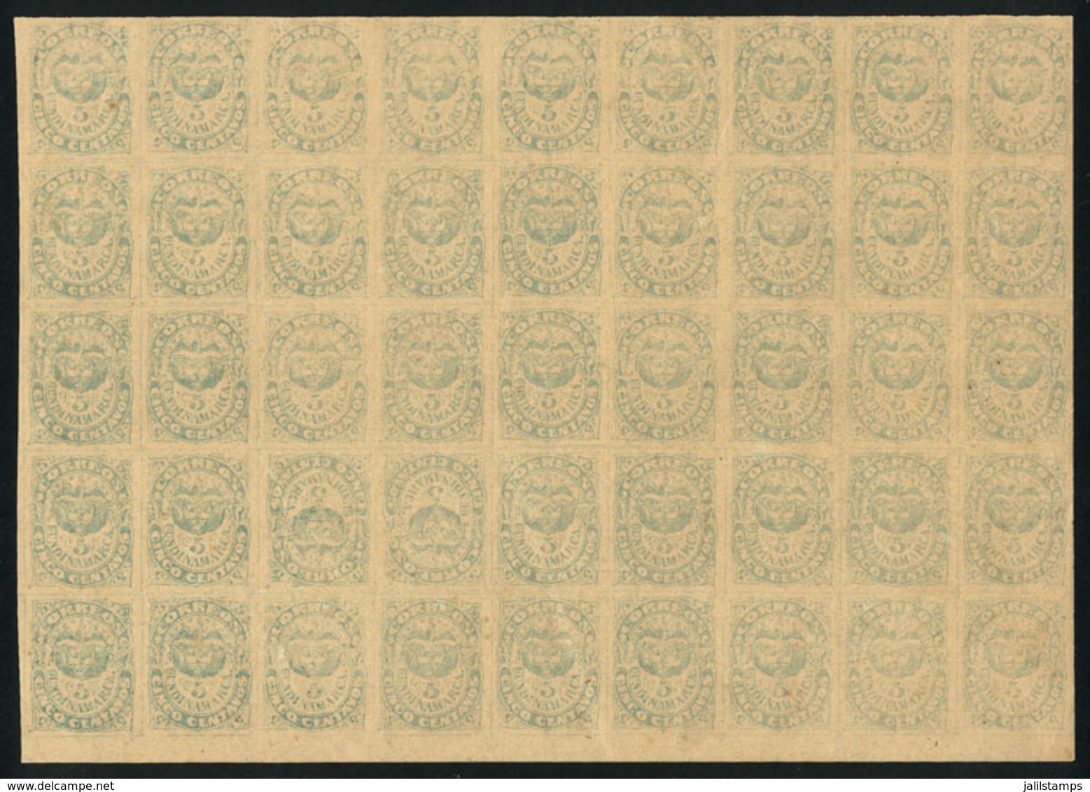 COLOMBIA - CUNDINAMARCA: Sc.1, 1870 5c. Green-blue, Block Of 45 Printed On Horizontally Laid Paper, Complete Watermark " - Kolumbien