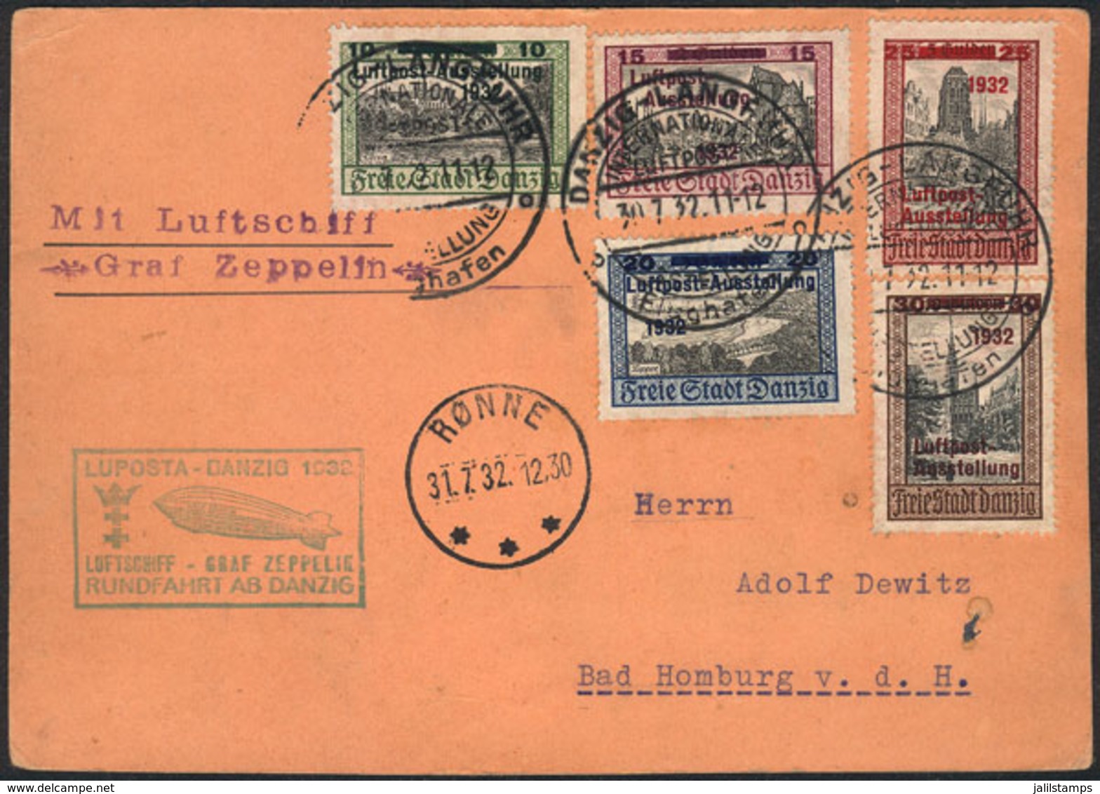 DANZIG: Card Franked With The Set Sc.C31/35, Flown By ZEPPELIN On 31/JUL/1932, Very Fine Quality! - Otros & Sin Clasificación