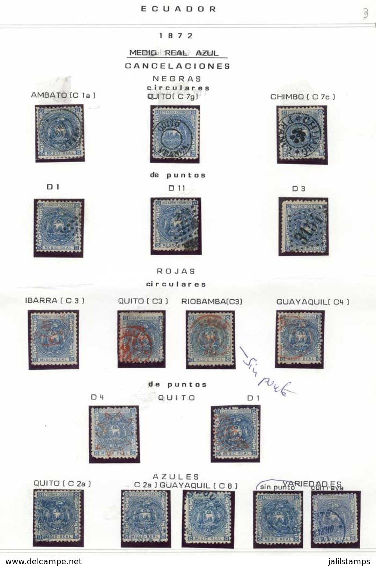 ECUADOR: Sc.9, Album Page With 19 Examples With Very Interesting Cancels: Ambato, Chimbo, French Numeral "3154", Ibarra, - Ecuador