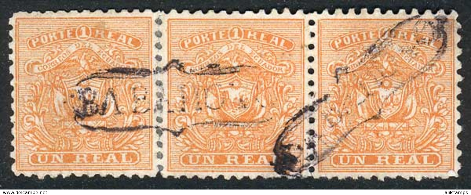 ECUADOR: Sc.10, Used Strip Of 3 Cancelled BABAHOYO, VF. The Perforation Of The Left Stamp Is Almost Broken And Reinforce - Ecuador