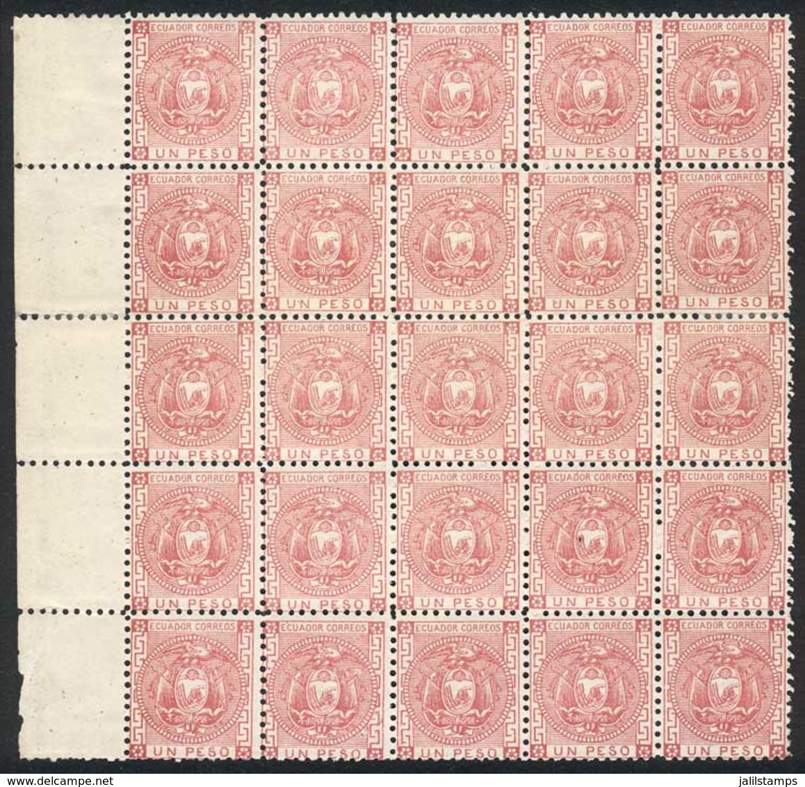 ECUADOR: Sc.11, 1P. Rose, Fantastic BLOCK OF 25 Examples With Left Sheet Margin, Most Are Mint Never Hinged (few With Hi - Equateur