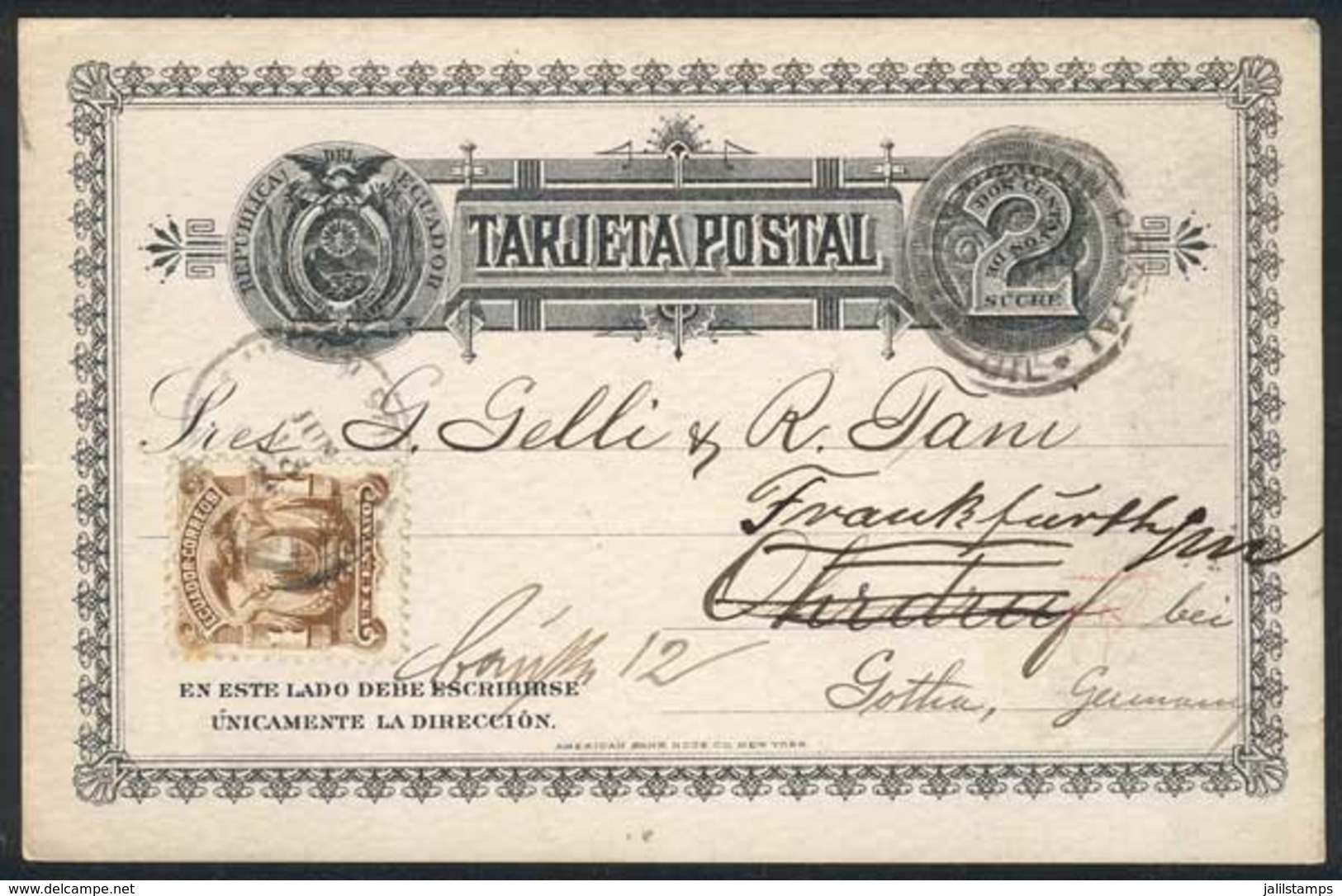 ECUADOR: Sc.12, 1c. Light Chestnut Uprating A 2c. Postal Card (PS) Sent From GUAYAQUIL To Germany On 18/JUN/1886, VF! - Equateur