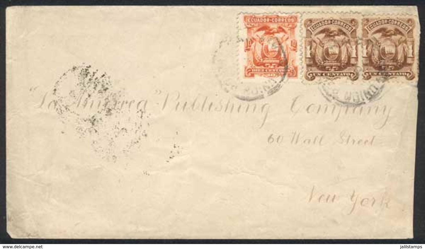 ECUADOR: Cover Franked With 1c. Pair + 10c. (Sc.12 Pair + 15), Sent From Guayaquil To New York On 5/MAY/1890, Arrival Ba - Equateur