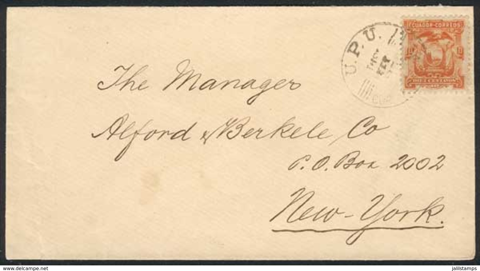 ECUADOR: Cover Franked With 10c. (Sc.15), Sent From Guayaquil To New York On 13/OC/1891, Arrival Backstamp, Superb! - Ecuador