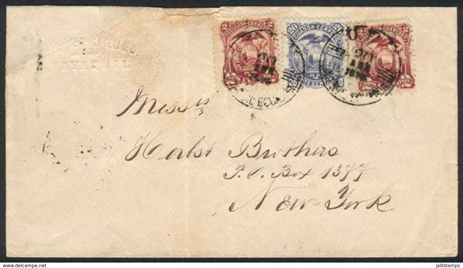 ECUADOR: Cover Franked With 20c. (Sc.16) + 2c. X2 (Sc.13),sent From Guayaquil To New York On 20/AP/1889, With Arrival Ba - Ecuador