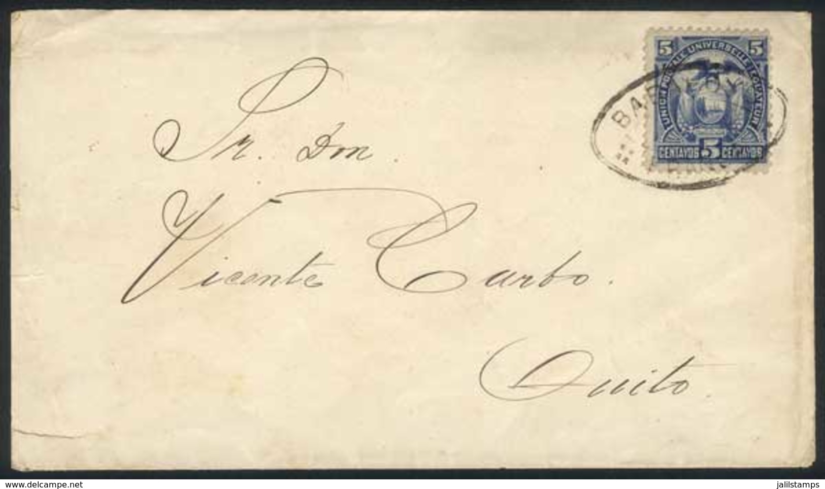 ECUADOR: Cover Franked With 5c. (Sc.21) Sent To Quito, With Interesting Oval Cancel Of BABAHOYO, VF Quality! - Equateur