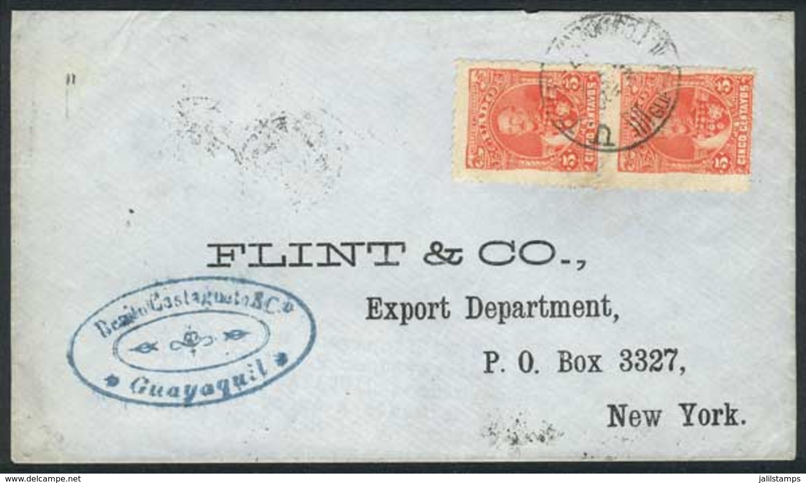 ECUADOR: Cover Franked By Sc.25 Pair (5c. Vermilion), Sent From Guayaquil To New York On 22/FE/1892, With Arrival Backst - Equateur