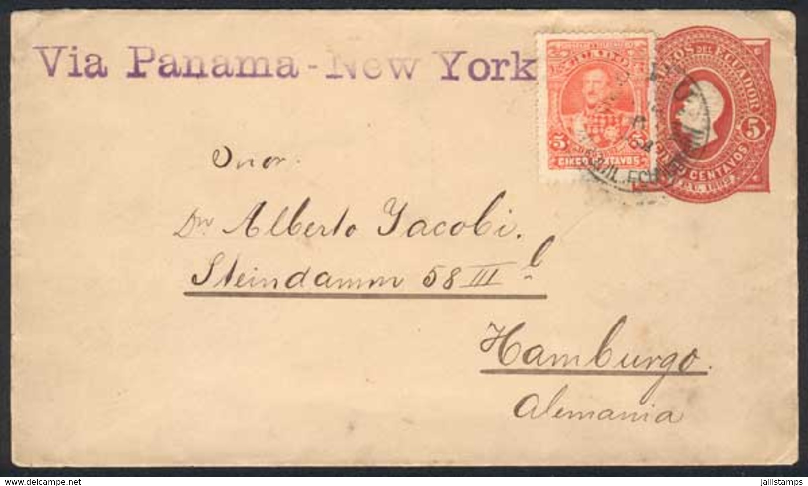 ECUADOR: 5c. PS Cover + Sc.25 (5c. Of 1892), Sent From Guayaquil To Germany On 6/AU/1892, With New York Transit Of 20/AU - Ecuador