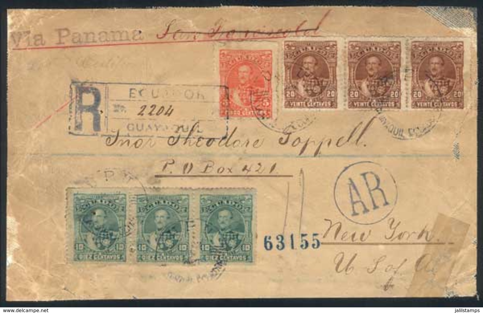 ECUADOR: Front Of Registered Cover With AR, Franked By Sc.25 (5c.) + Strip Of 3 Sc.26 (10c.) + Strip Of 3 Sc.27 (20c.),  - Ecuador