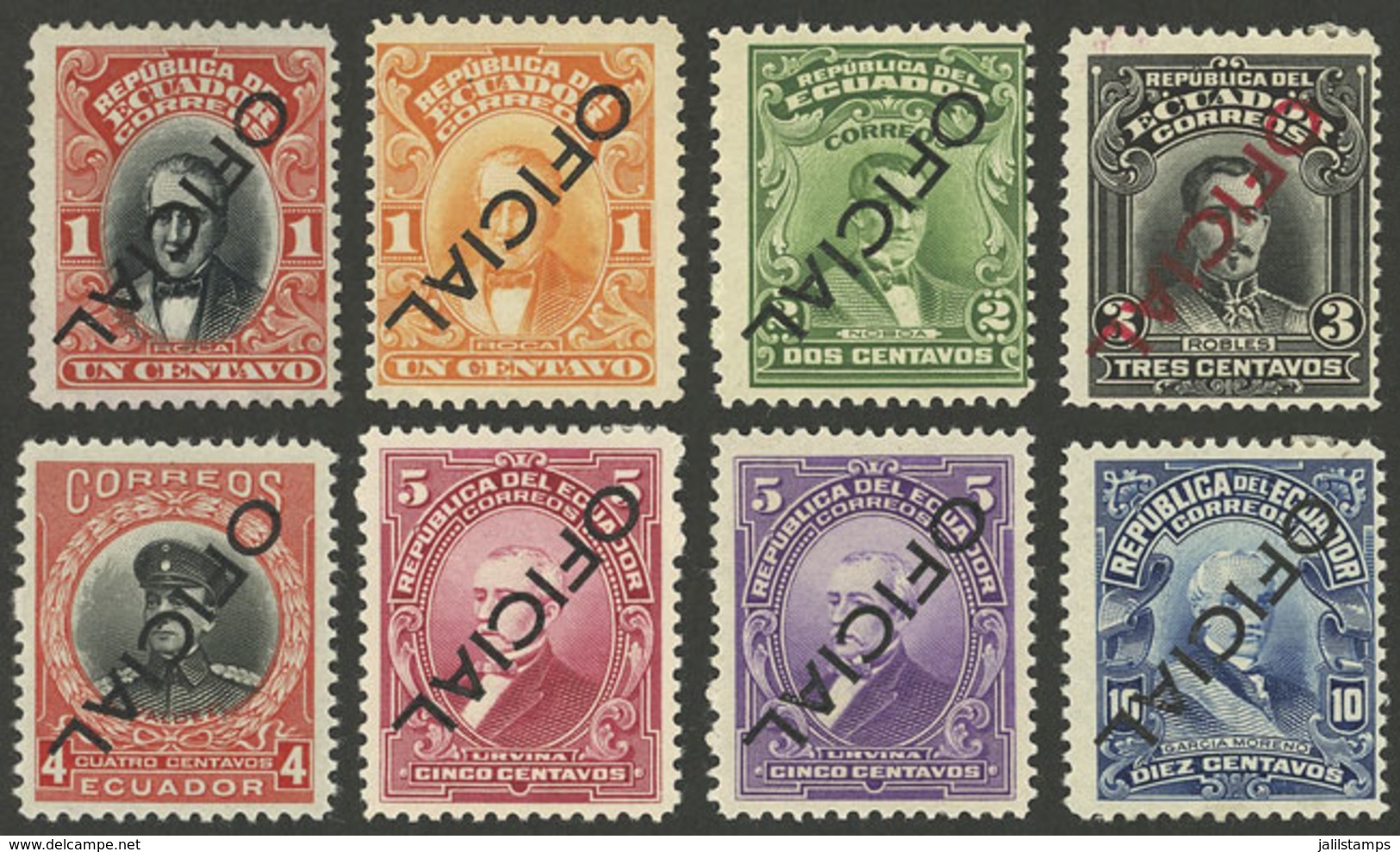 ECUADOR: Sc.O169 + Other Values, 1925 8 Values Of The Set With INVERTED OVERPRINT, The First One Without Gum And With Li - Equateur