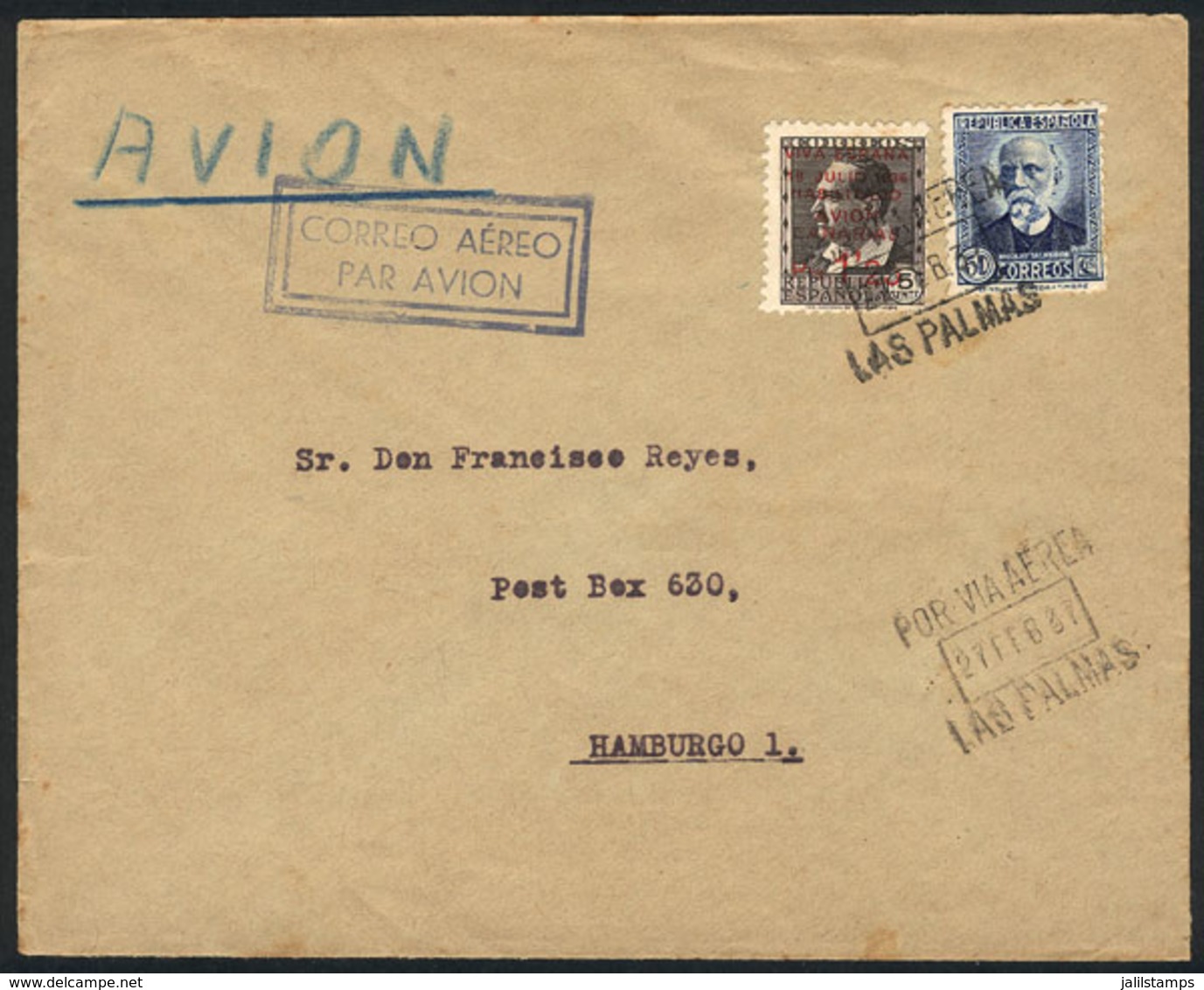 SPAIN: Airmail Cover Sent From LAS PALMAS To Germany On 27/FE/1937 With Nice Postage! - Sonstige & Ohne Zuordnung