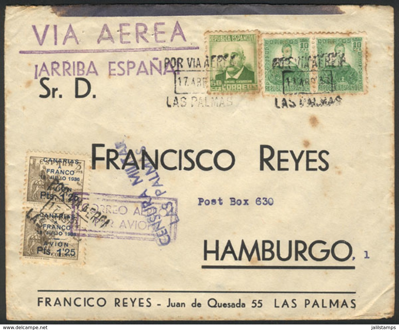 SPAIN: Airmail Cover Sent From LAS PALMAS To Germany On 17/AP/1937 With Nice Postage! - Sonstige & Ohne Zuordnung