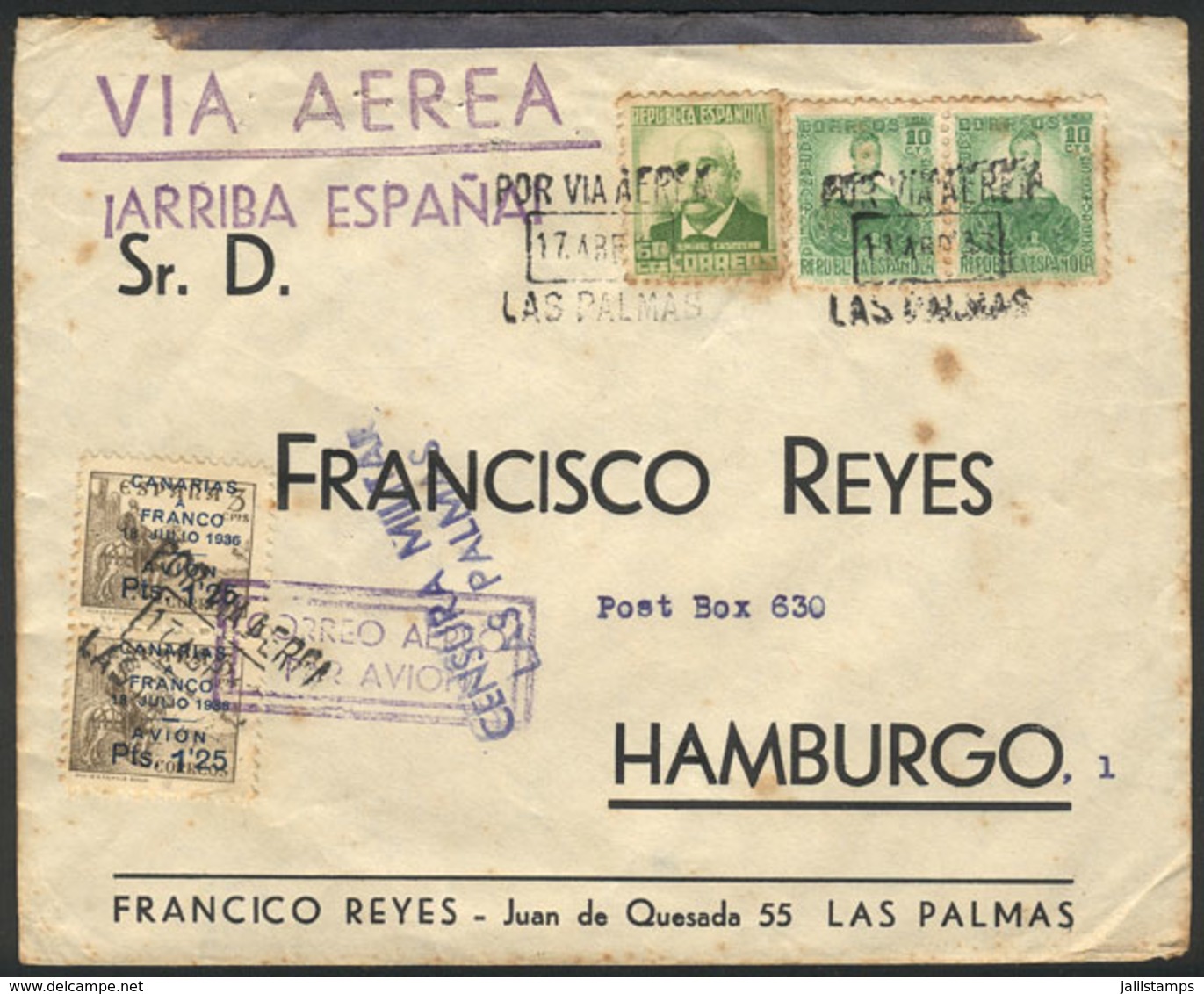 SPAIN: Airmail Cover Sent From LAS PALMAS To Germany On 17/AP/1937 With Nice Postage! - Andere & Zonder Classificatie