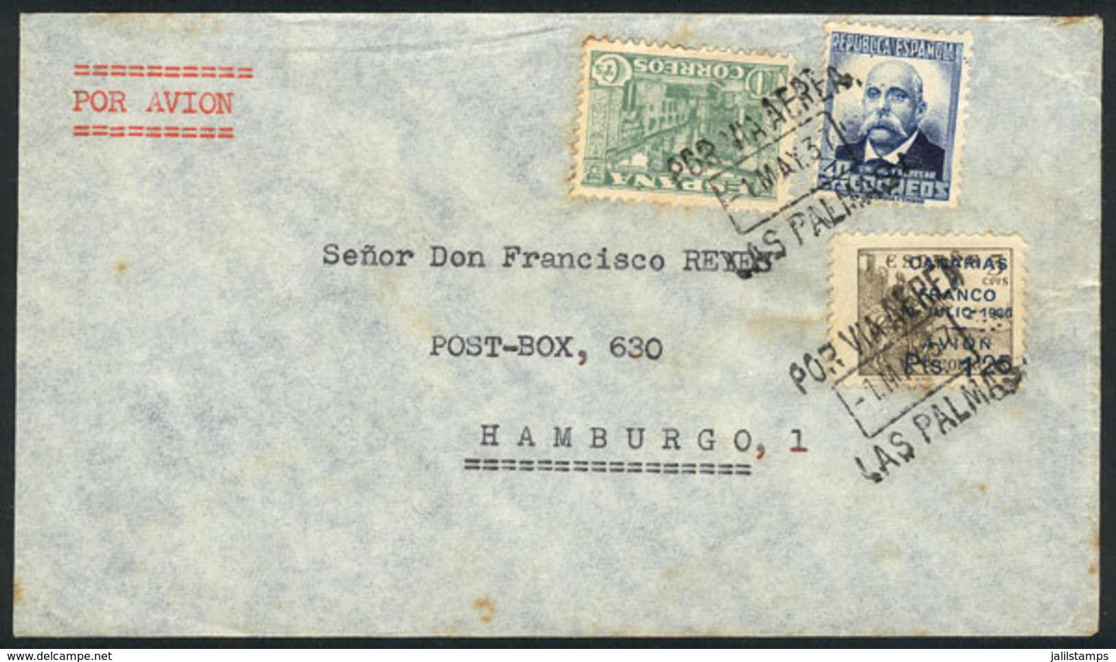 SPAIN: Airmail Cover Sent From LAS PALMAS To Germany On 1/MAY/1937 With Nice Postage! - Otros & Sin Clasificación