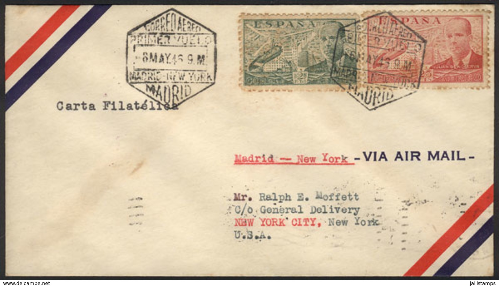 SPAIN: 6/MAY/1946 Madrid - New York: FIRST FLIGHT, Cover With Special Cancel Of The Flight And Arrival Backstamp! - Andere & Zonder Classificatie