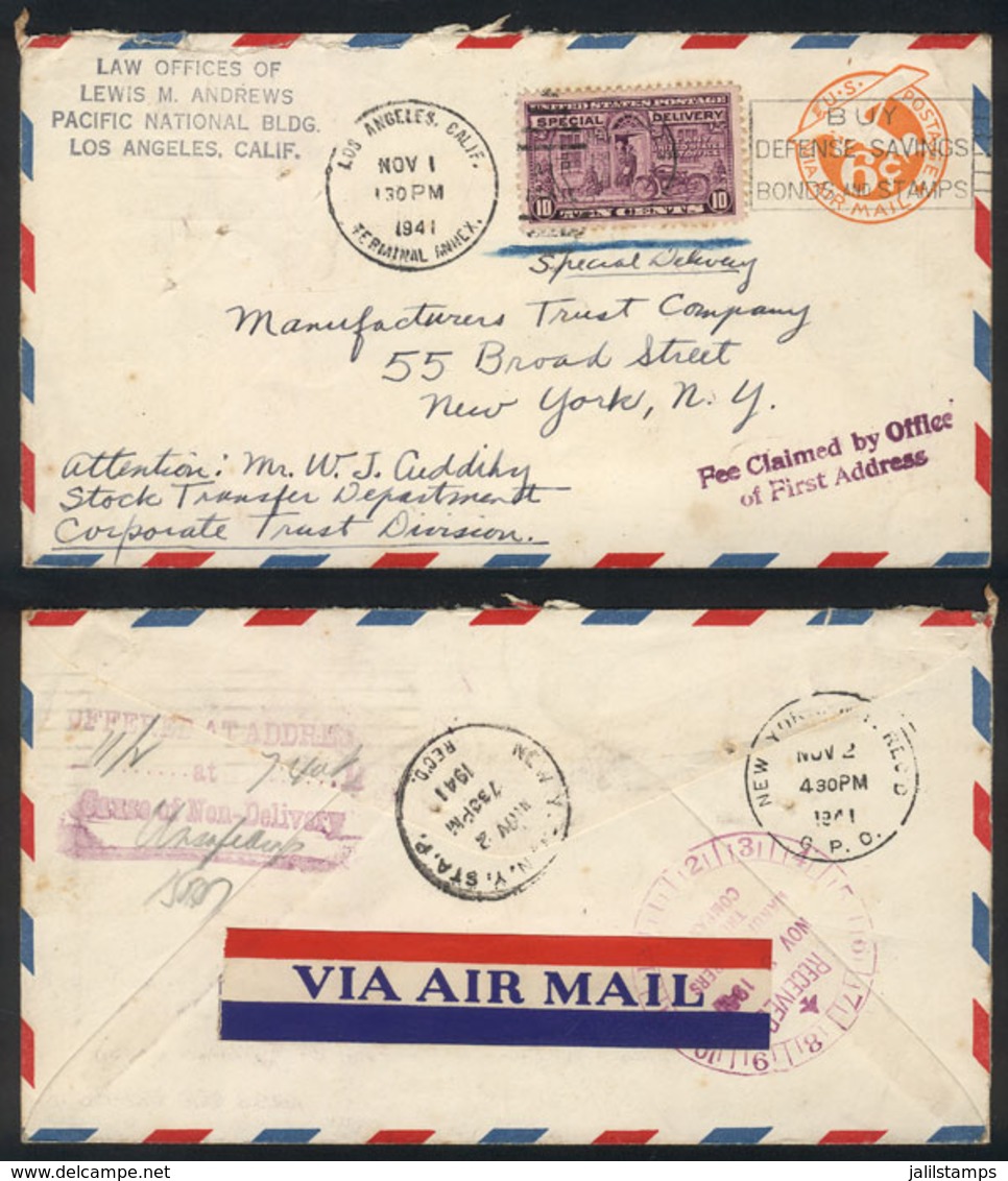 UNITED STATES: Interesting Express Cover Sent From Los Angeles To New York On 1/NO/1941, VF! - Poststempel