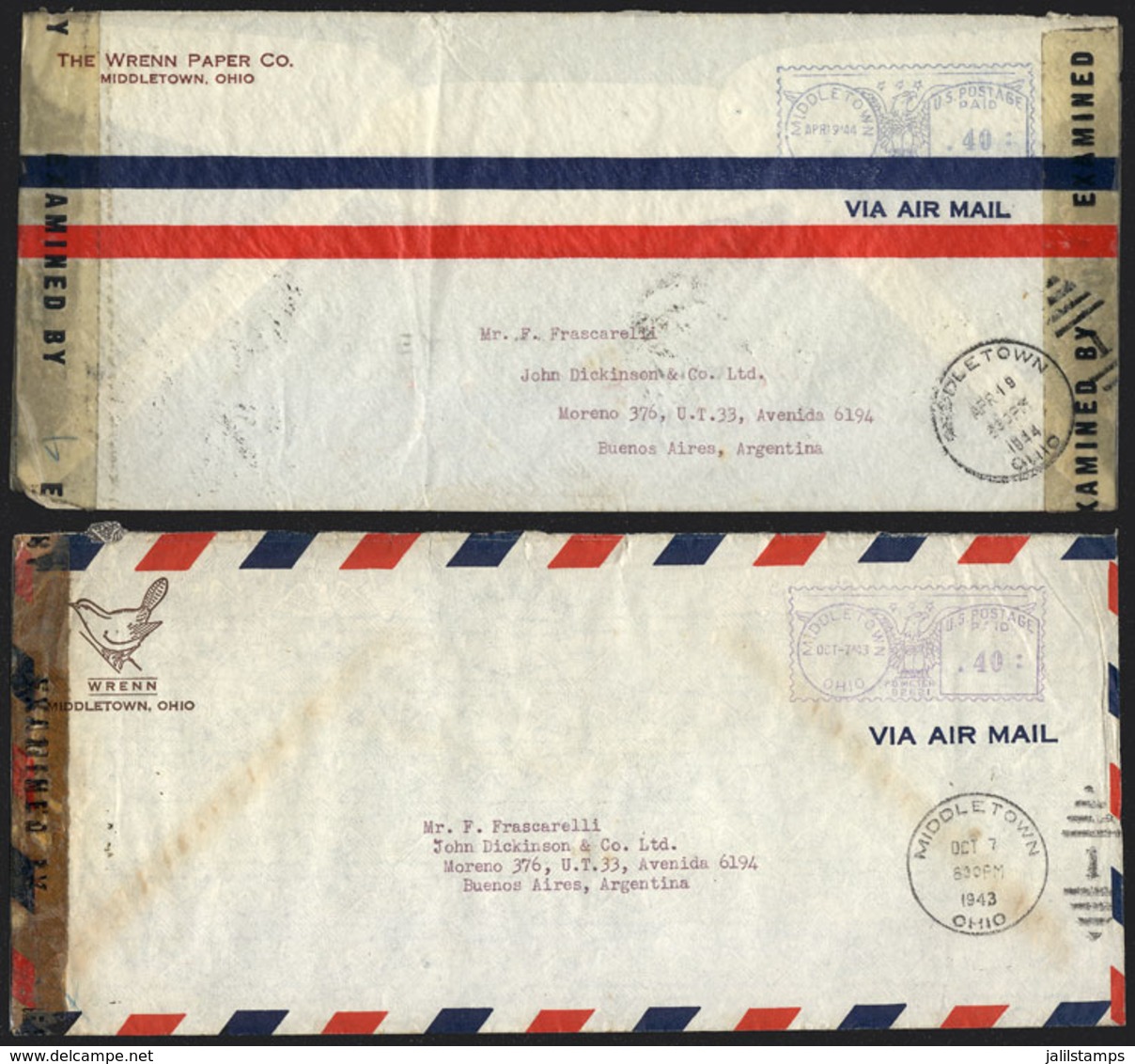 UNITED STATES: 6 Airmail Covers Sent To Argentina In 1943 And 1944, All With Meter Postages And CENSORED, VF Quality! - Postal History
