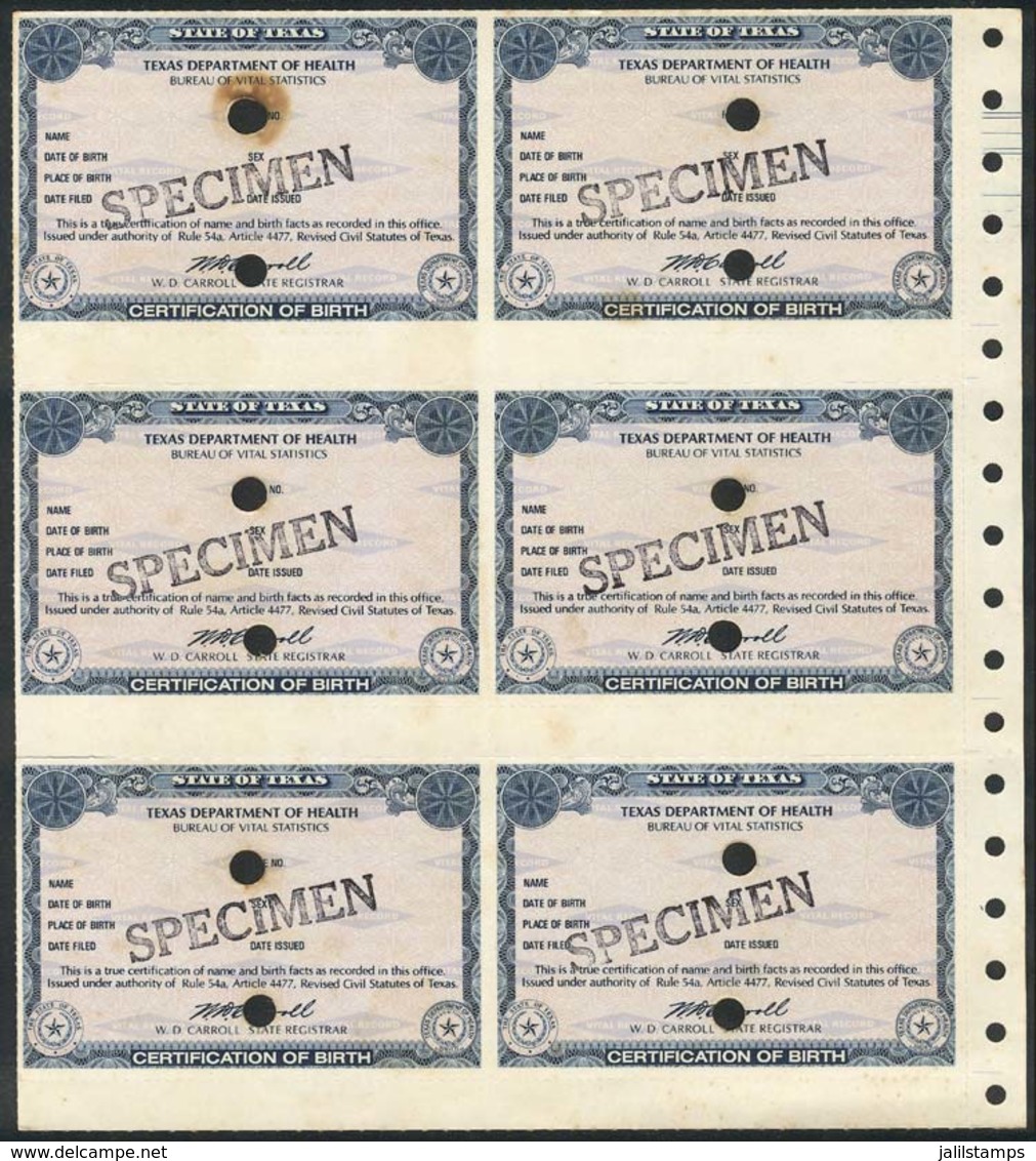 UNITED STATES: Block Of 6 SPECIMENS Of Birth Certificates Of The State Of Texas, With Cancelling Perforations And SPECIM - Ohne Zuordnung