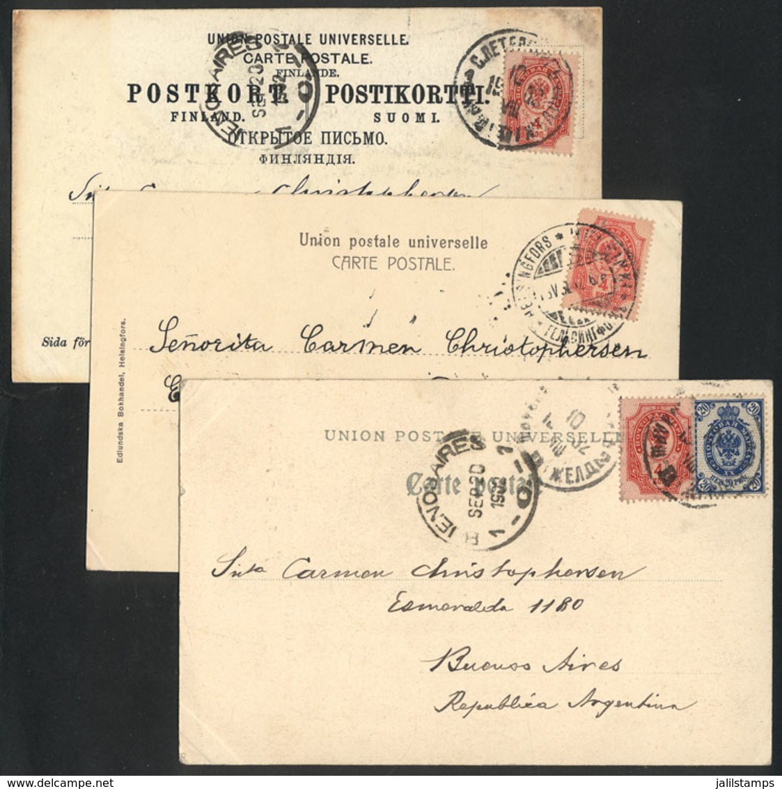 FINLAND: 3 Postcards Sent From HELSINGFORDS To Argentina In 1902, 2 With Russian Postage Of 4k. And 1 With Mixed Postage - Other & Unclassified