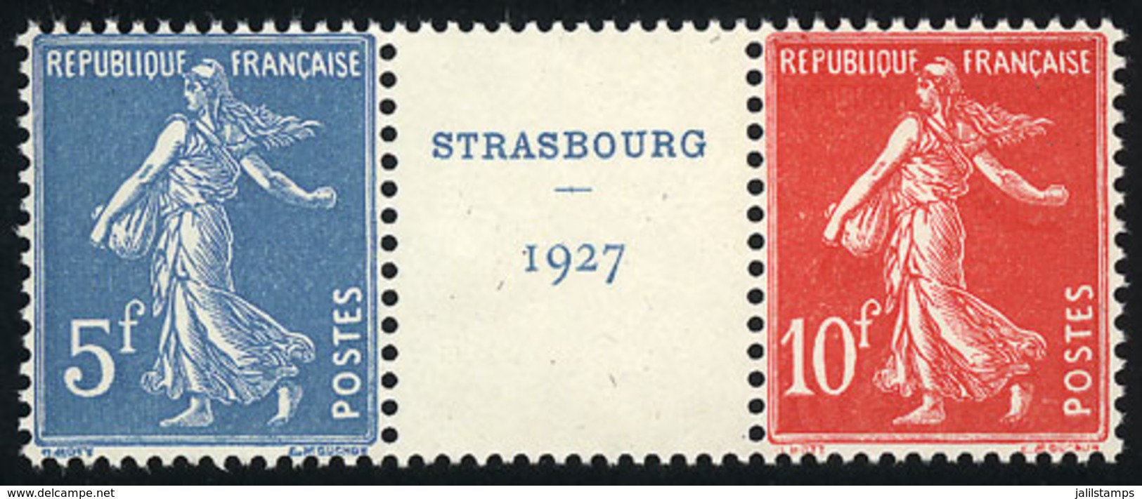 FRANCE: Sc.241a + 241b, 1927 Strasbourg Philatelic Expo, The Set Of 2 Values In Strip With Central Cinderella, From The  - Autres & Non Classés