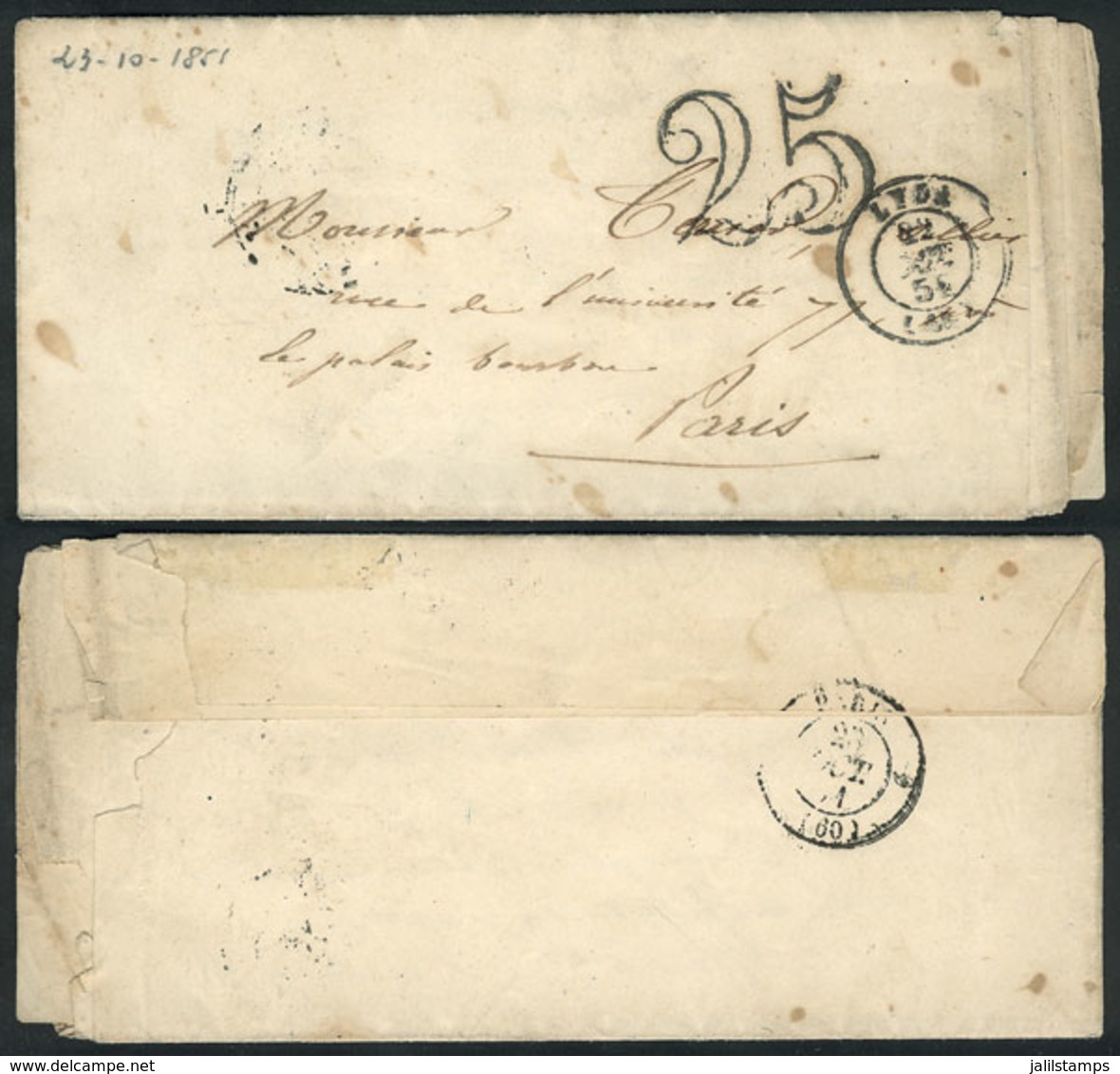 FRANCE: Entire Letter Dated 21/OC/1851 To Paris, With "25" Mark And Handstamped LYON 22/OC/1852 (ERROR In The Year), Wit - Otros & Sin Clasificación