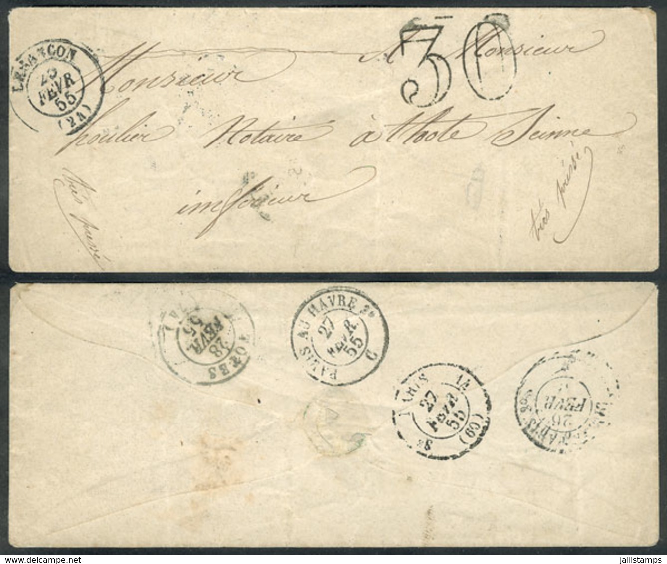 FRANCE: Small Cover Sent From Besancon To Totes On 25/FE/1855, With Good Postal Markings On Front And Reverse! - Otros & Sin Clasificación