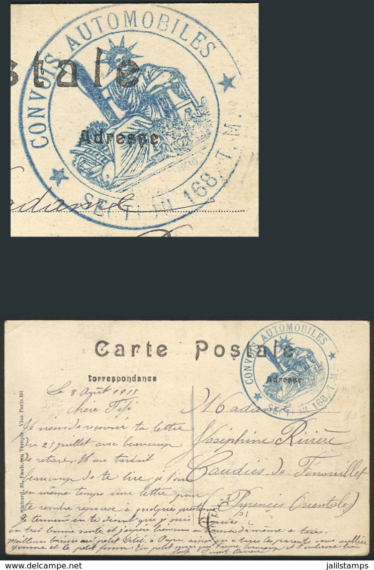 FRANCE: Postcard Sent To Candies De Fenoullet On 3/AU/1918, With Military Free Frank And Interesting Blue Mark: CONVOIS  - Sonstige & Ohne Zuordnung