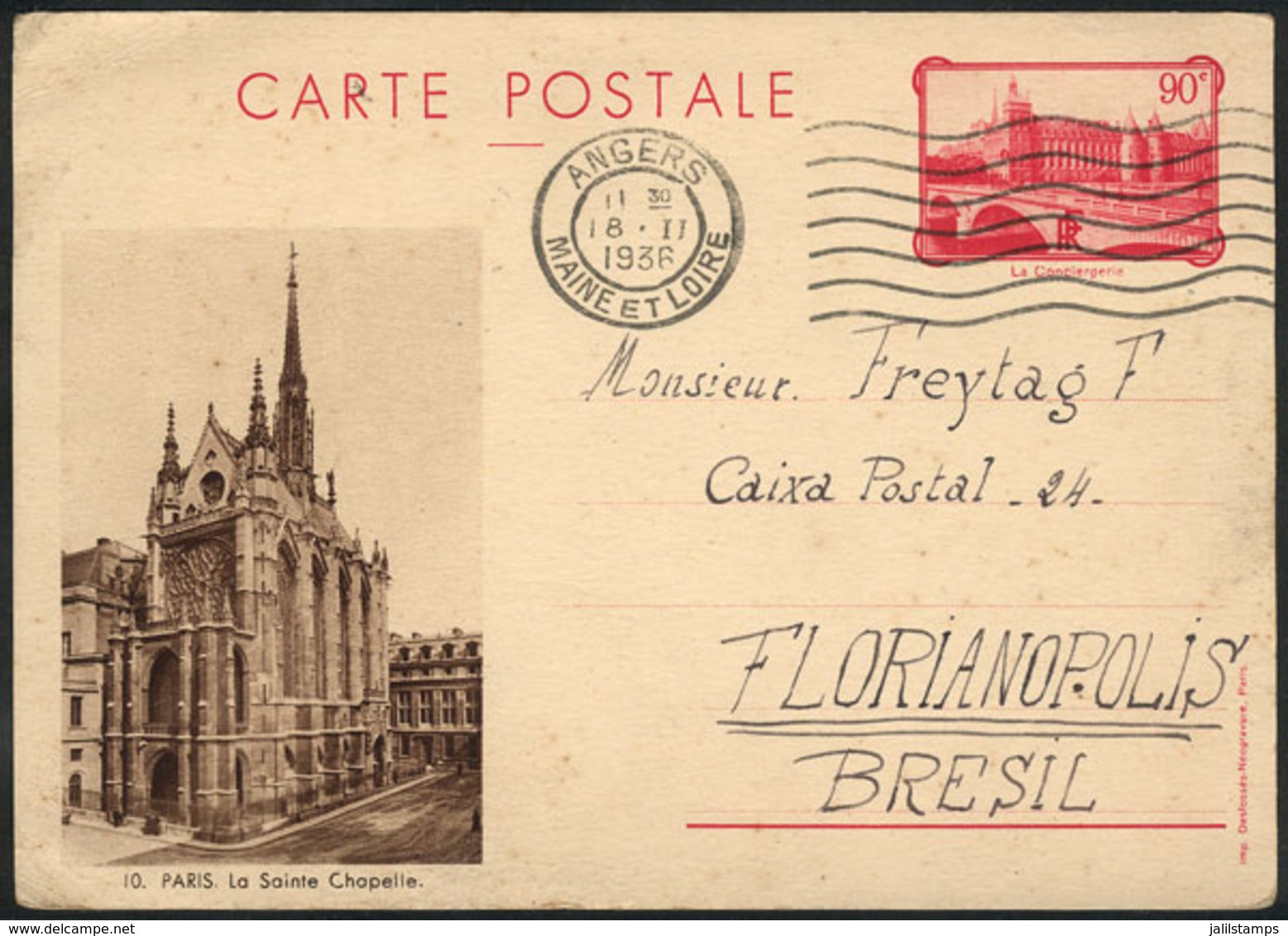 FRANCE: Illustrated 90c. Postal Card (view Of A Church In Paris) Sent To Brazil On 18/FE/1936, VF! - Other & Unclassified