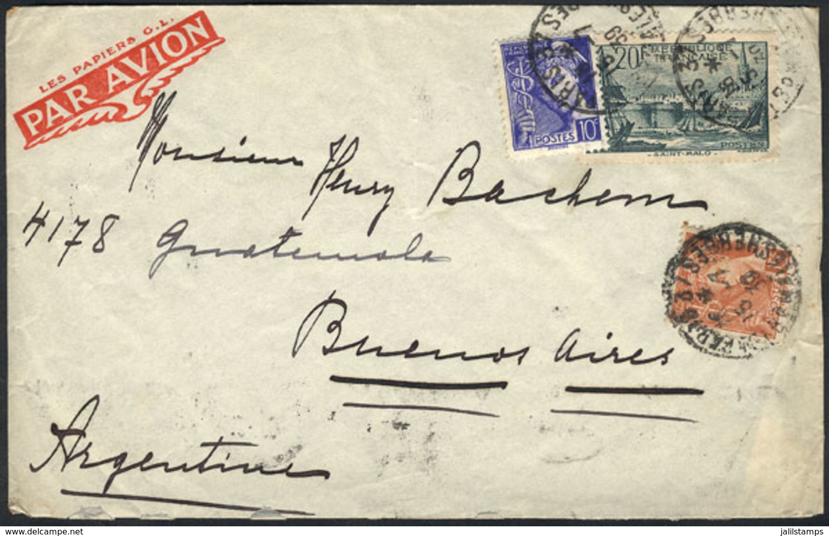 FRANCE: Cover Franked With 20.25Fr., Sent From Paris To Argentina On  15/JUL/1939, VF Quality! - Autres & Non Classés