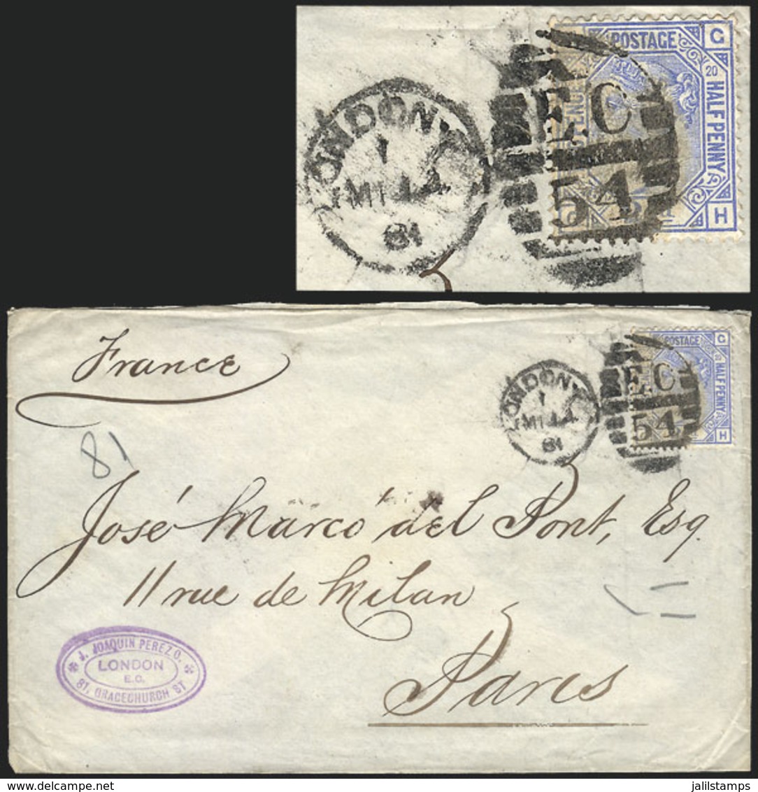 GREAT BRITAIN: Cover Franked With Sc.68 (2½p. Ultramarine) Plate 20, Sent From London To Paris On 15/MAR/1881, VF Qualit - Other & Unclassified