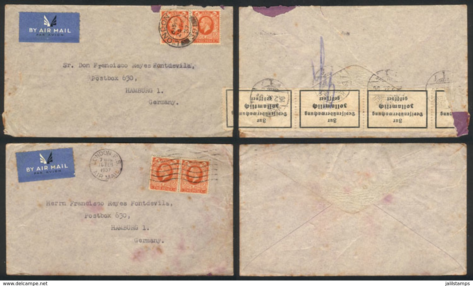 GREAT BRITAIN: 2 Airmail Covers Sent To Germany On 16 And 24/FE/1937, The Latter CENSORED, Interesting! - Autres & Non Classés