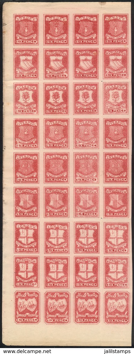 GREAT BRITAIN: Old Block Of 36 Cinderellas Of 6p. Each (imperforate And Without Gum), With Coat Of Arms Of Varied Cities - Cinderellas