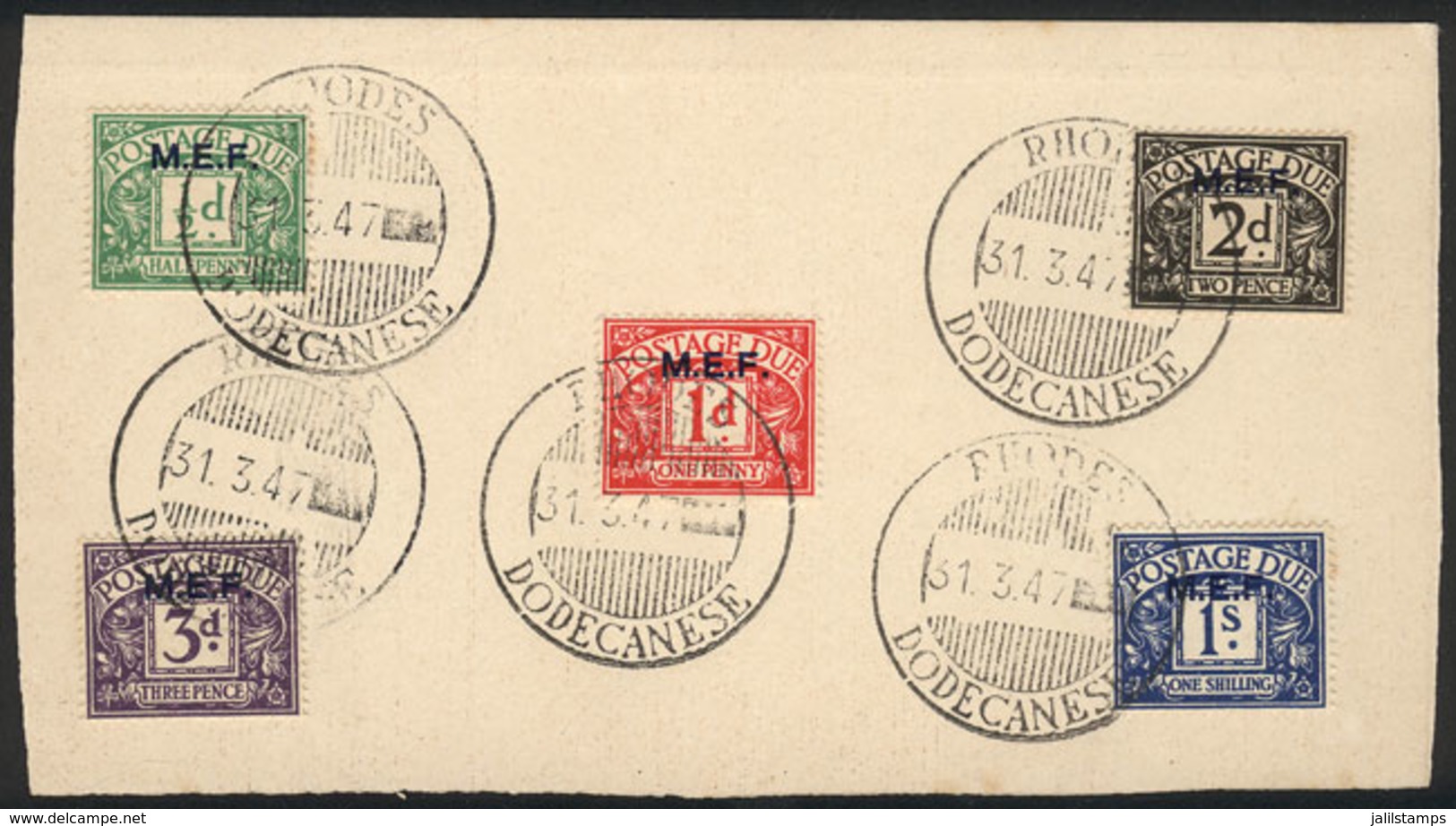 GREAT BRITAIN - M.E.F.: Sc.J1/J5, The Complete Set On A Card With Postmarks Of Rhodes 31/MAR/1947, The Last Day Of The B - Sonstige & Ohne Zuordnung