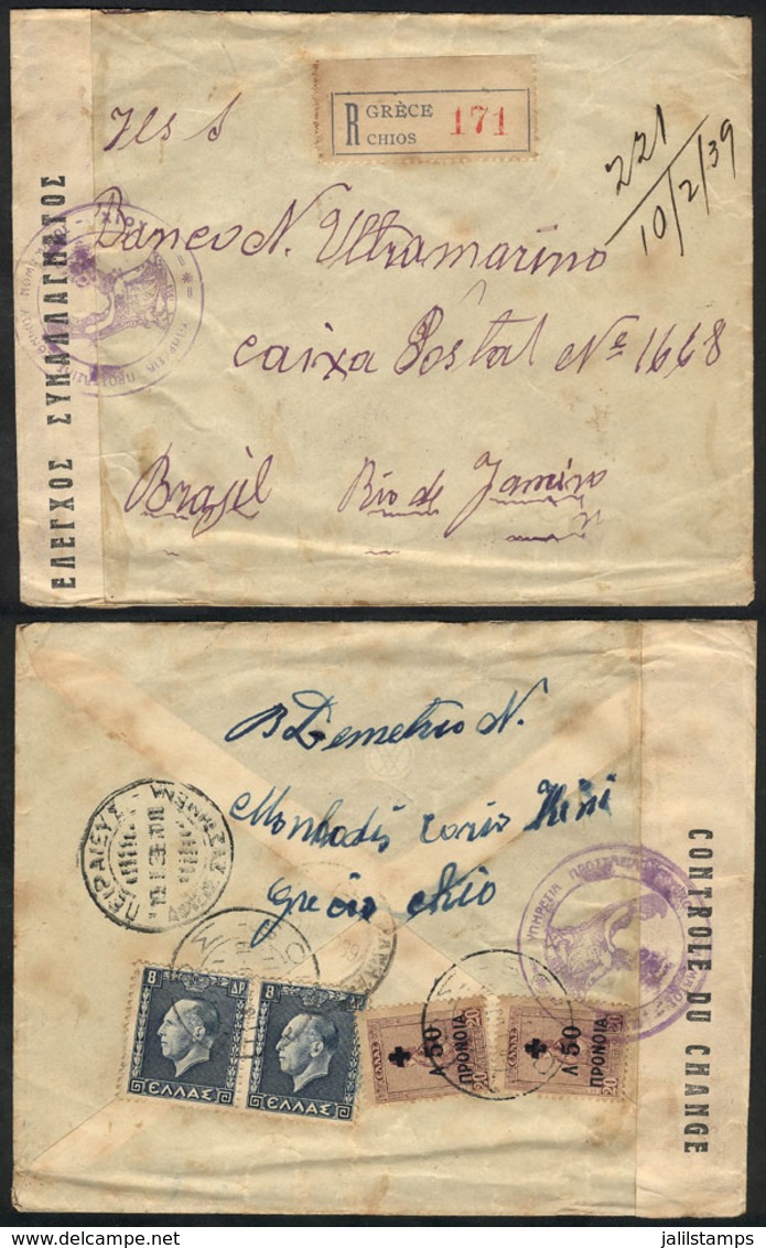 GREECE: Registered Cover Sent From Chios To Rio De Janeiro (Brazil) On 18/JA/1939. - Altri & Non Classificati