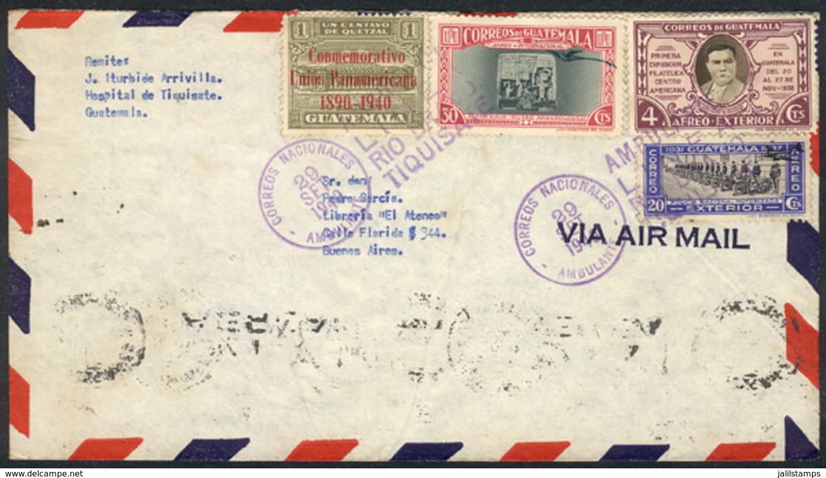 GUATEMALA: Cover Sent To Argentina On 20/SE/1940, Postmarked "AMBULANTE - LINEA - RIO BRAVO - TIQUISATE", Excellent!" - Guatemala