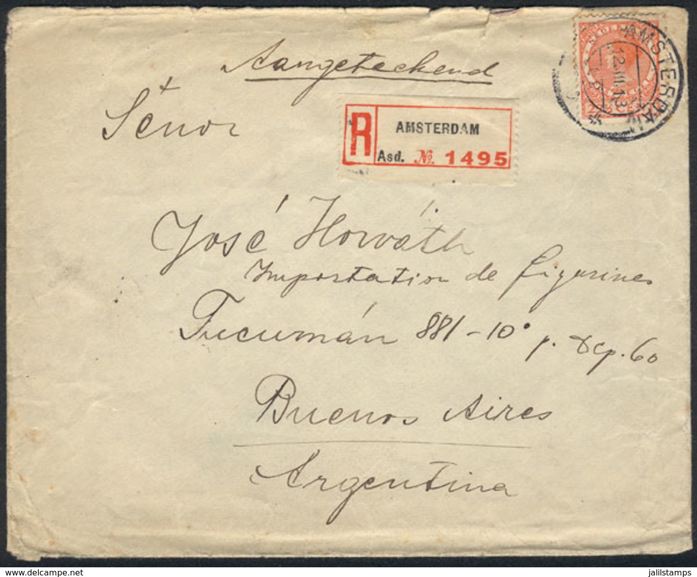 NETHERLANDS: Registered Cover Sent To Argentina, Franked By Sc.186 ALONE, Fine Quality! - Otros & Sin Clasificación