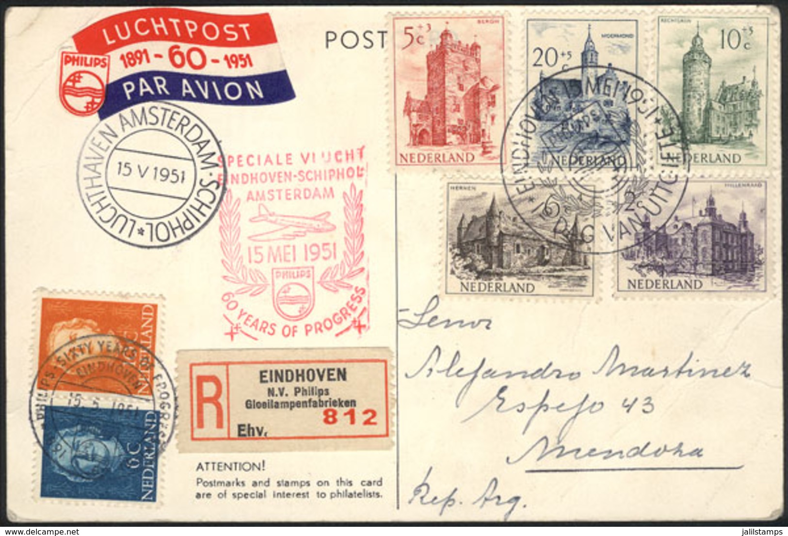 NETHERLANDS: Postcard With Nice Postage Flown To Argentina On 15/MAY/1951 On A Special Commemorative Flight By The Phili - Otros & Sin Clasificación