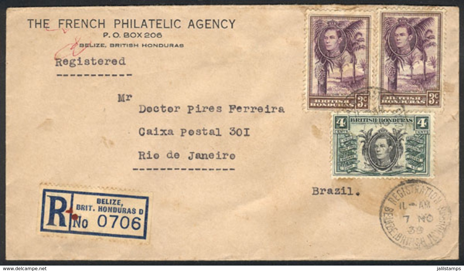 BRITISH HONDURAS: Registered Cover Sent From Belize To Brazil On 7/NO/1939 Franked With 10c., VF Quality, Rare Destinati - Honduras Británica (...-1970)
