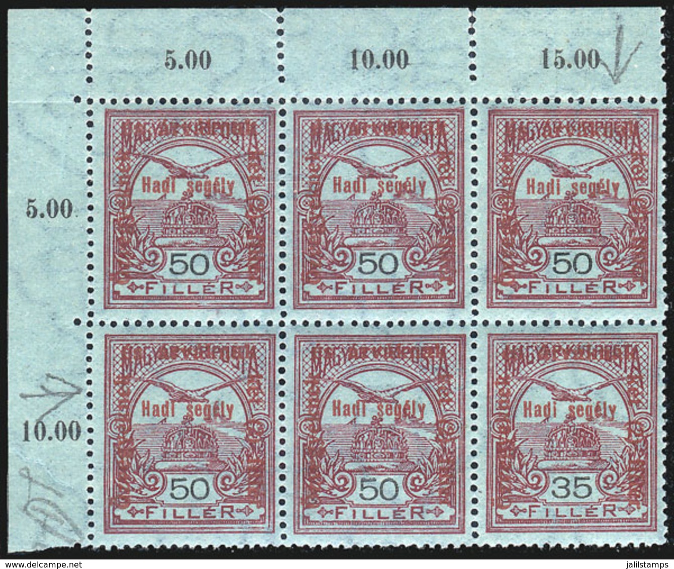 HUNGARY: Sc.B47 + 47a, 1915 War Aid 50f., Corner Block Of 6, One With ERROR: Face Value "35" Instead Of "50", Unmounted, - Andere & Zonder Classificatie